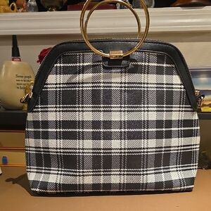 IMAN Black and White Plaid Top-Handle Tote with Gold Ring